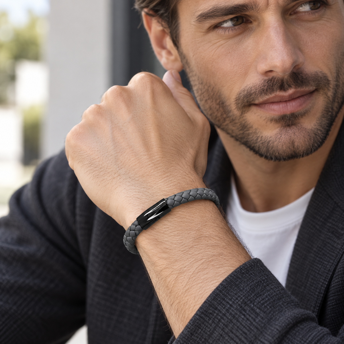 NERO - Bracelet en cuir acier titane