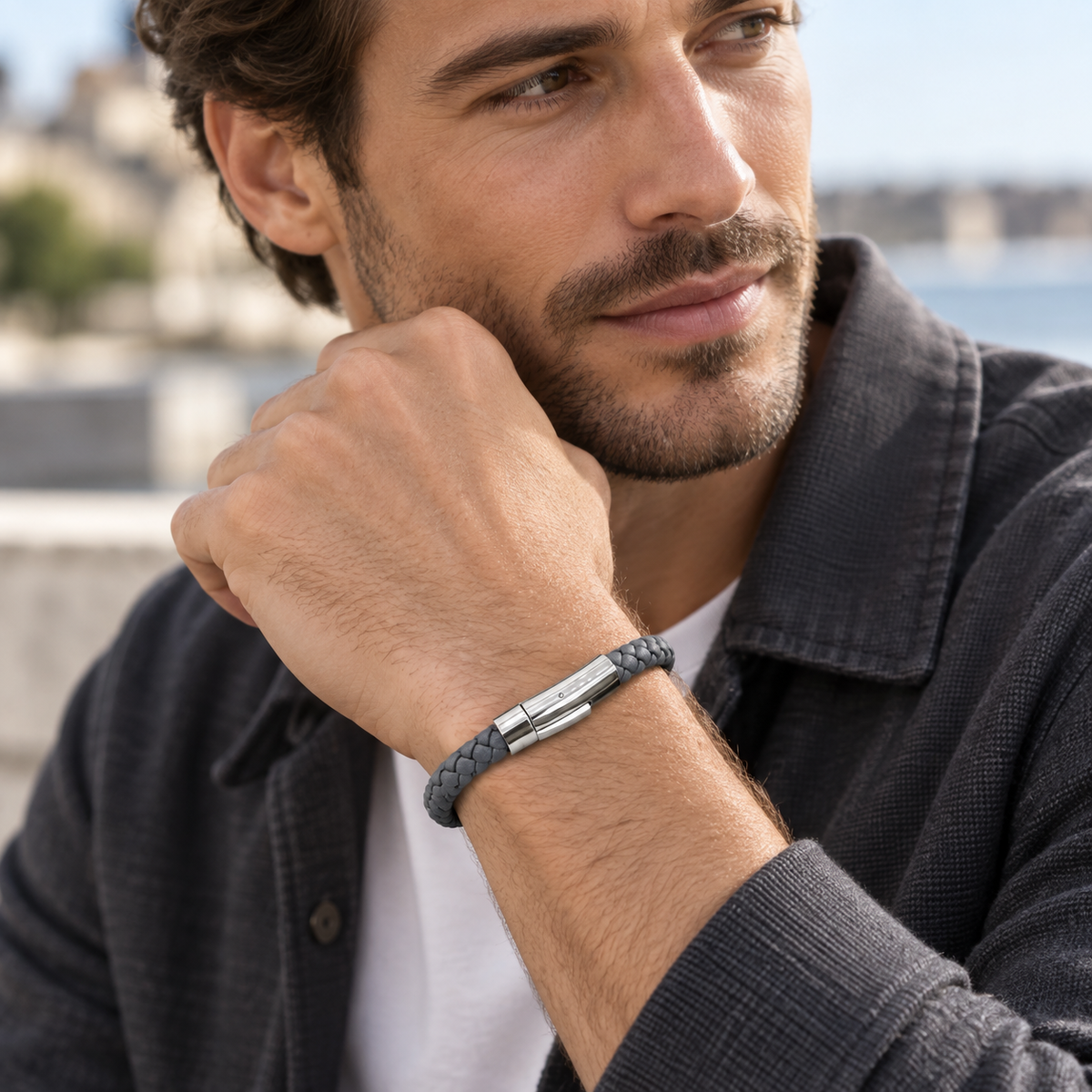 NERO - Bracelet en cuir acier titane